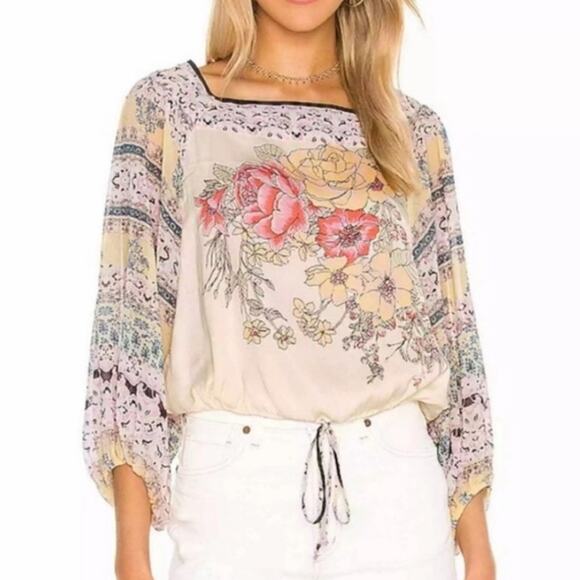 Free People Blue Nile Ivory Printed Dolman Top Blouse- size xs - Picture 2 of 11
